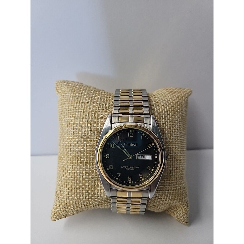 Armitron Mens Watch Two Tone Day Date Quartz NEW BATTERY Running Stainless Steel